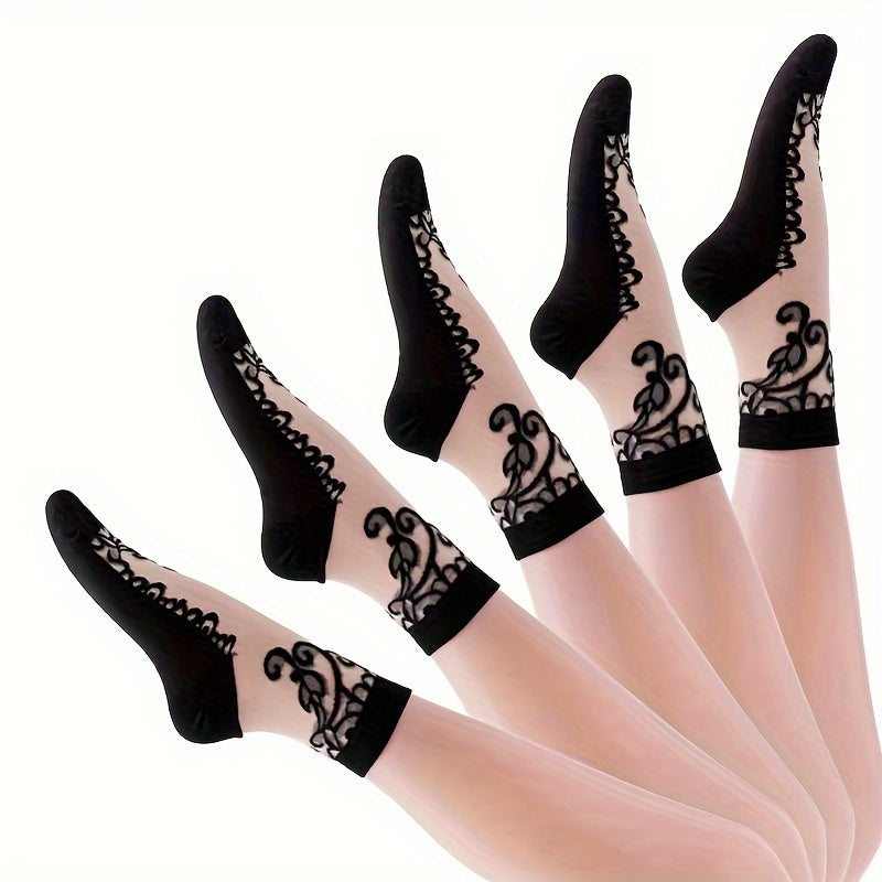 5 Pairs Embroidered Mesh Socks, Thin & Comfy Mid Tube Socks, Women's Stockings & Hosiery