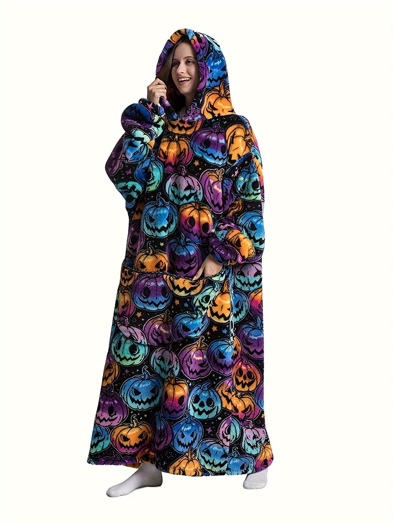 Plus Size Pumpkin Print Flannel Blanket Hoodie - Soft, Cozy, Plush, Hooded, Winter Outwear for Women with Halloween Theme