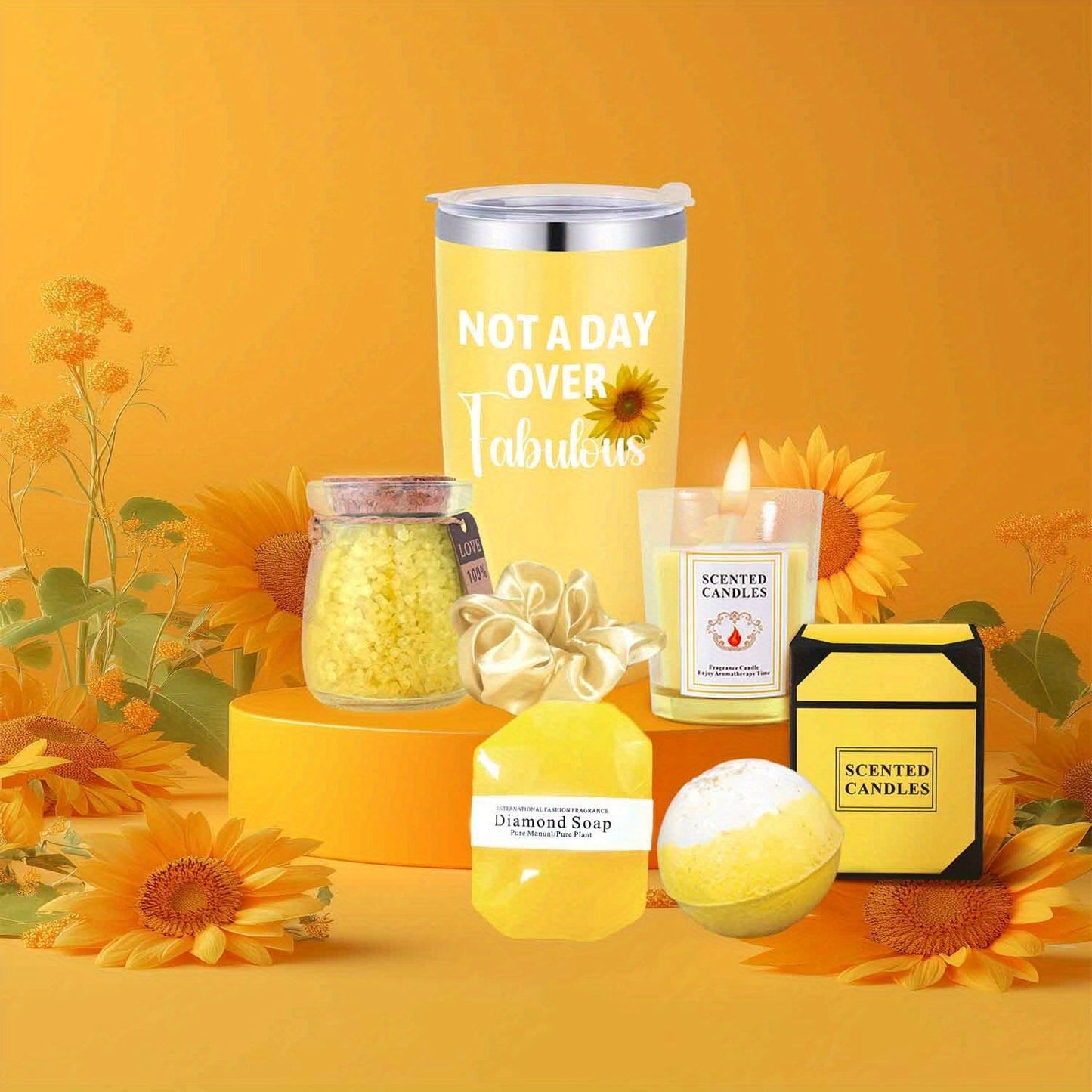 8pcs Fabulous Yellow Gift Set for Women - Includes Insulated Tumbler, Greeting Card, Hair Tie, Scented Candle, Bath Salts, Bath Bomb, Soap, and Elegant Gift Box - Perfect for Christmas & Thanksgiving, Gift Set, Scented Candle