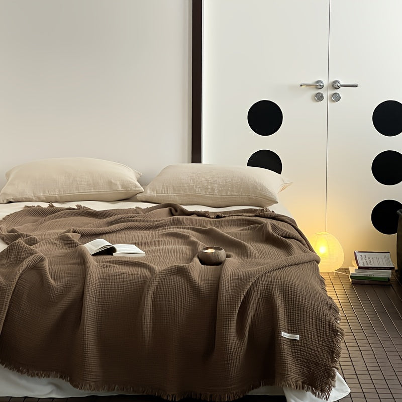 1pc Cotton Crinkle Tassel Blanket Solid Color Nap Blanket Leisure Travel Sofa Bed Blanket