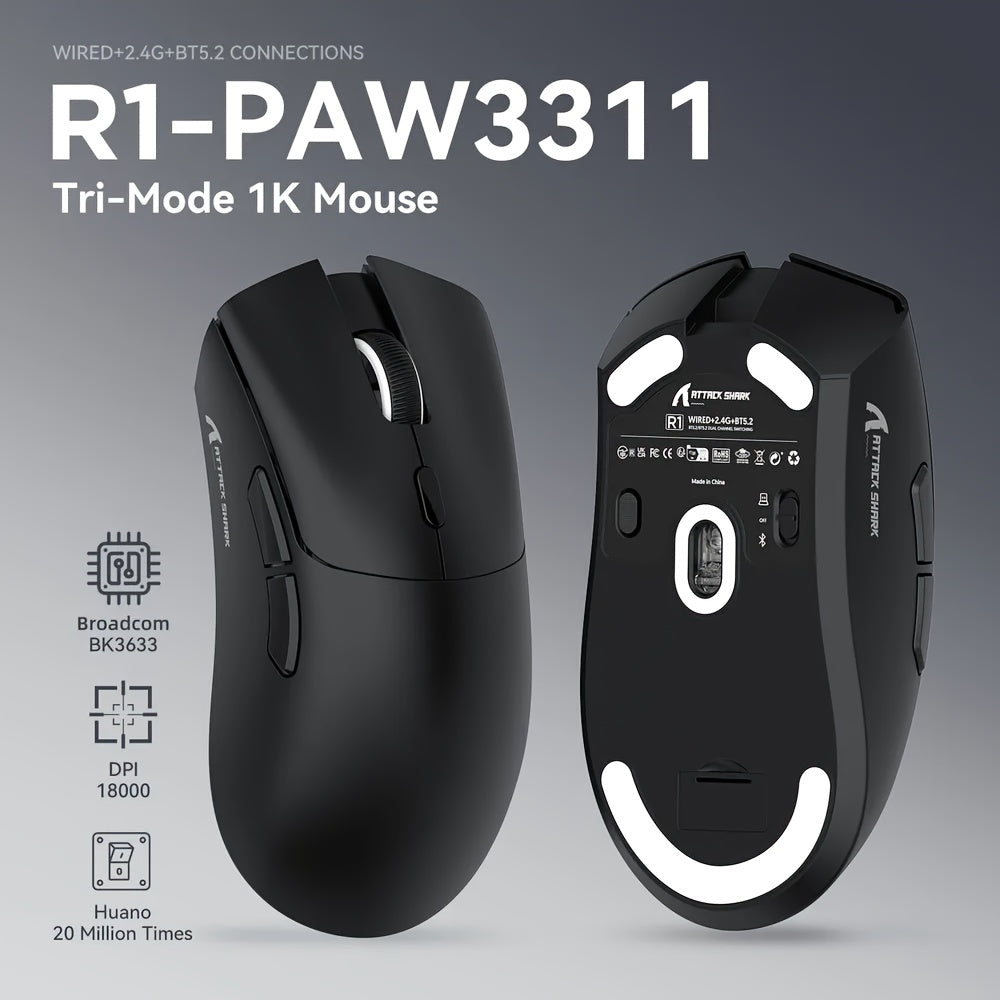 ATTACK SHARK R1 PRO 59g SUPERLIGHT Mouse, PixArt PAW3311 Gaming Sensor, BT/2.4G Wireless/Wired Gaming Mouse, 6 Adjustable Up To 18000, 65 Hrs Battery, Office Mice For Win11/Xbox/PS/Mac (()Black )