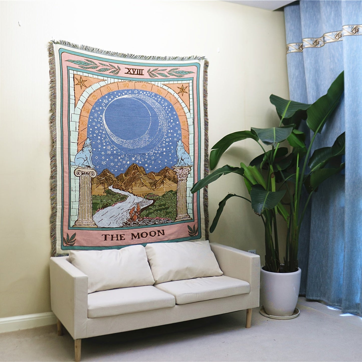 1pc Bohemian Knitted Tassel Blanket - Polyester Blend, Machine Washable, Square, Stain Resistant, Lightweight, Versatile for Indoor, Outdoor, Camping - The Moon Design Rug