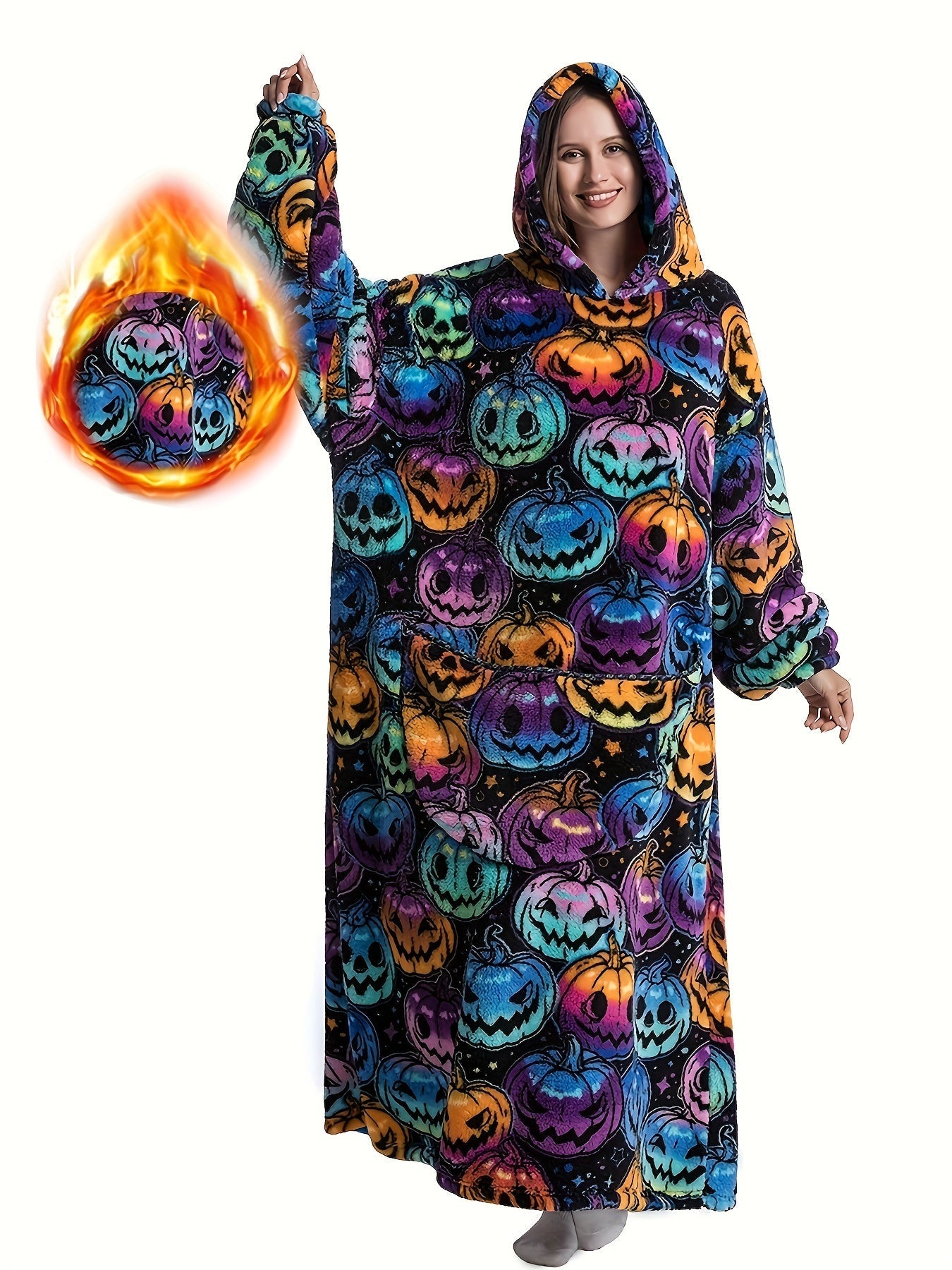Plus Size Pumpkin Print Flannel Blanket Hoodie - Soft, Cozy, Plush, Hooded, Winter Outwear for Women with Halloween Theme