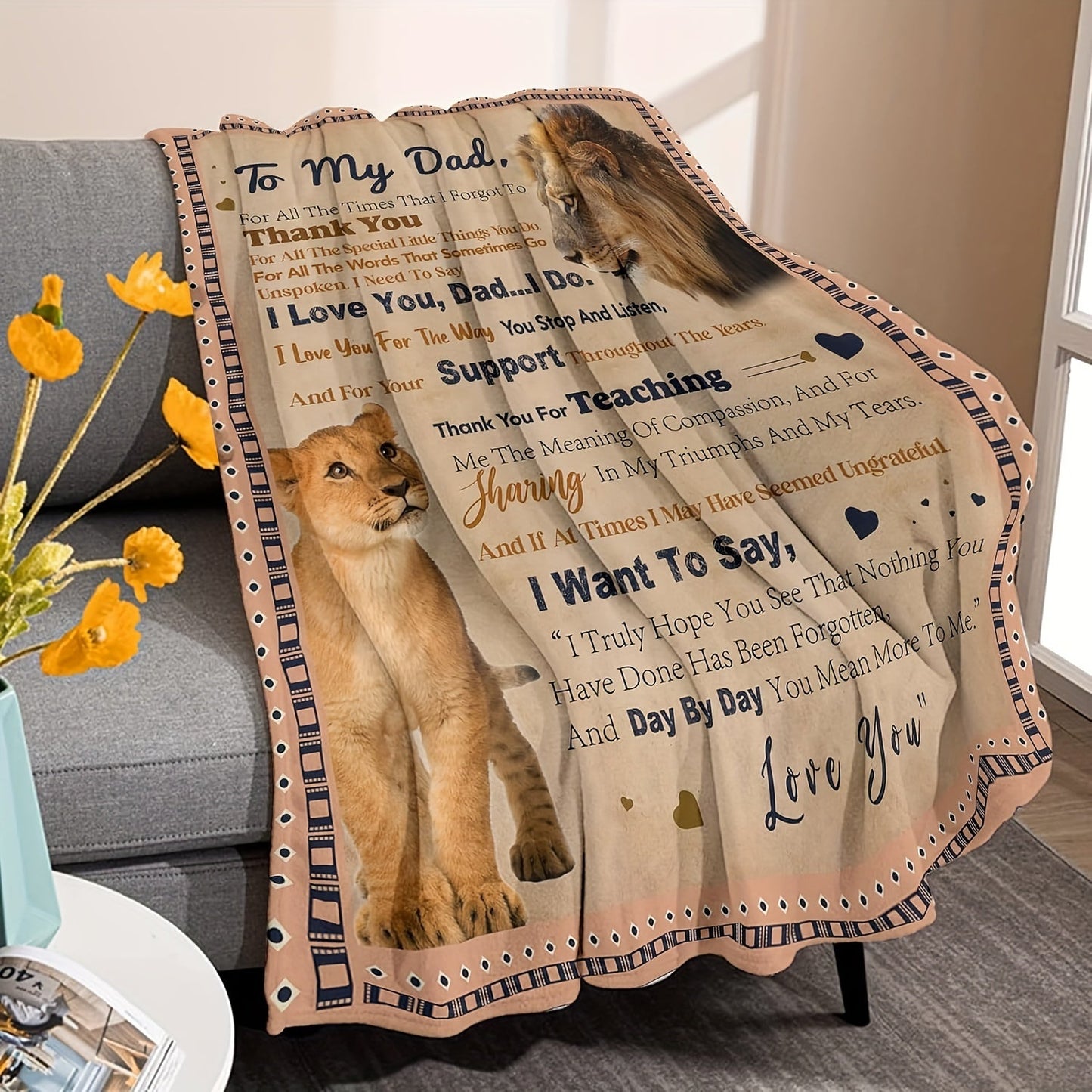 Creative Gift for Dad - Lion Design Soft Flannel Blanket with Loving Message, Cozy and Thoughtful Animal-Themed Decor