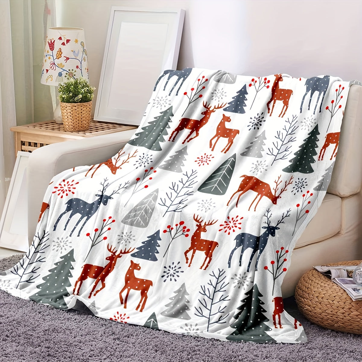 1pc Throw Blanket, Christmas Theme Deer Pattern Printed Blanket, Warm Cozy Soft Blanket For Couch Bed Sofa Car Office Camping Travelling, Gift Blanket Suitable For All Seasons