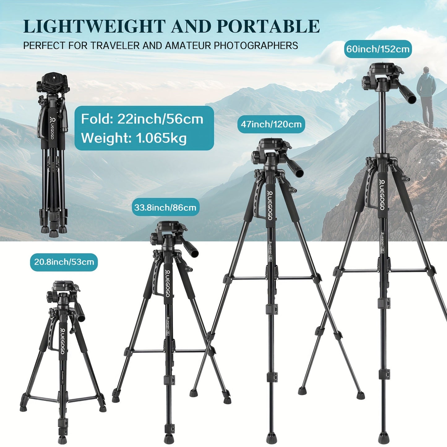 ZOMEI 60 Inch Micro Single-lens Digital Camera Mobile Phone Horizontal And Vertical Shooting Live Portable Aluminum Tripod With Mobile Phone Clip + T-shaped Mobile Phone Clip