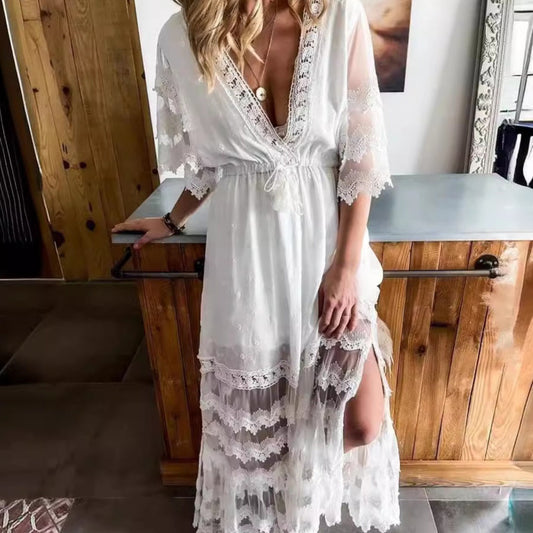 V-neck Lace Stitching Bohemian Style Dress