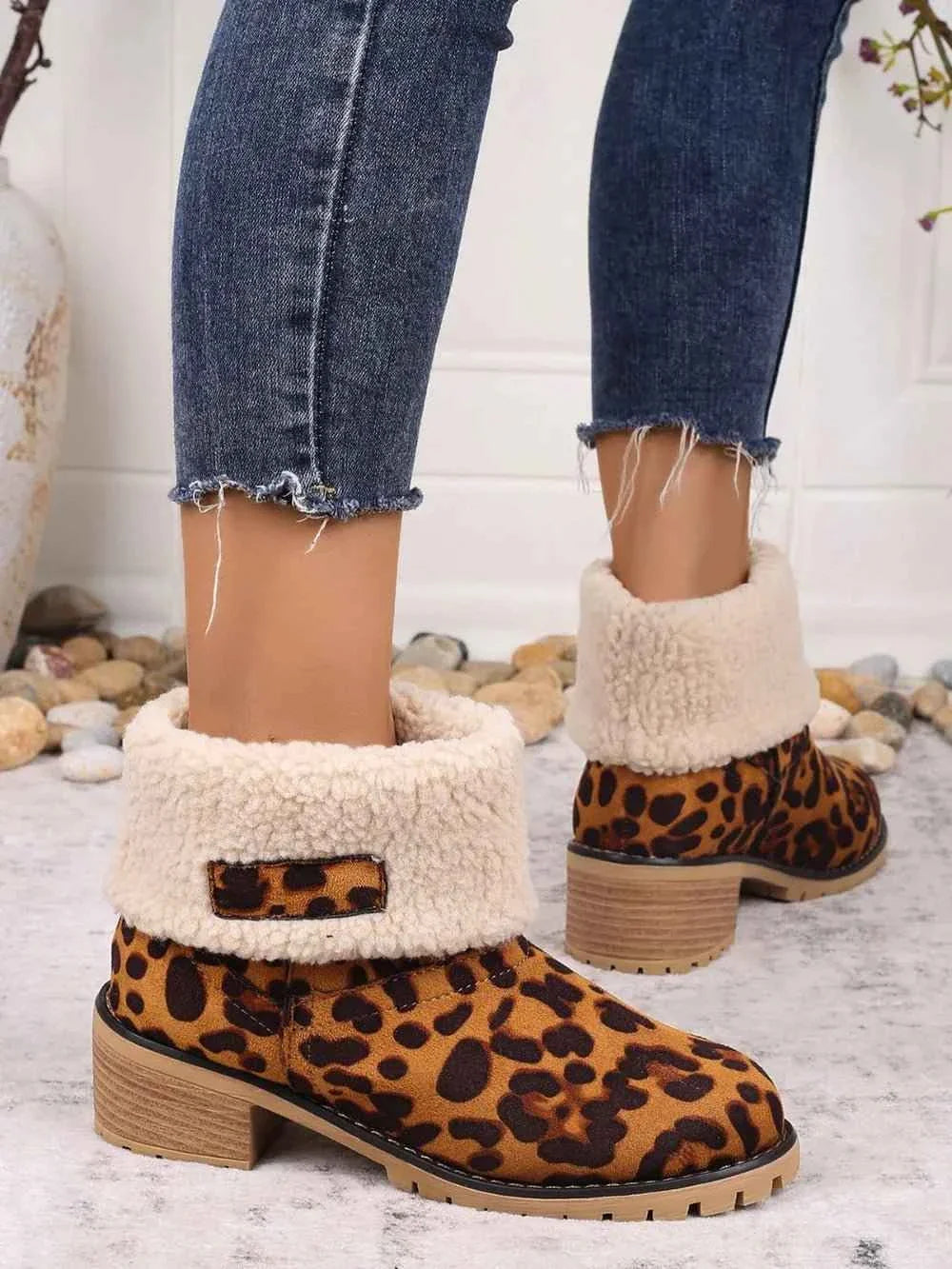 Leopard Block Heel : Fuzzy Boots