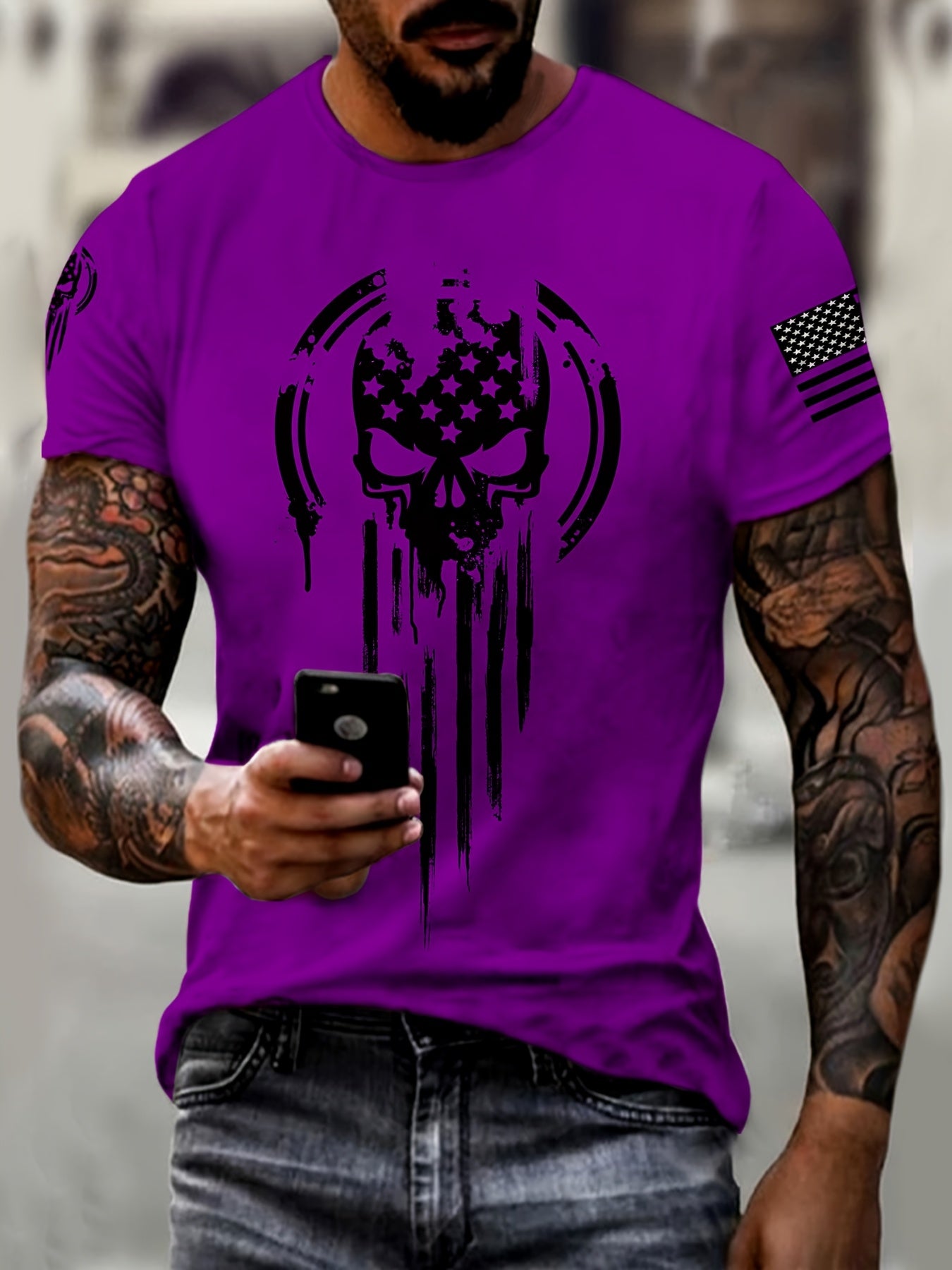 Men's 3D American Warrior Skull Military Print T-Shirt – Casual Sports Crew Neck, Polyester Knit with Slight Stretch - Premium T-Shirts from Lizard Vigilante - Just $29.99! Shop now at Lizard Vigilante