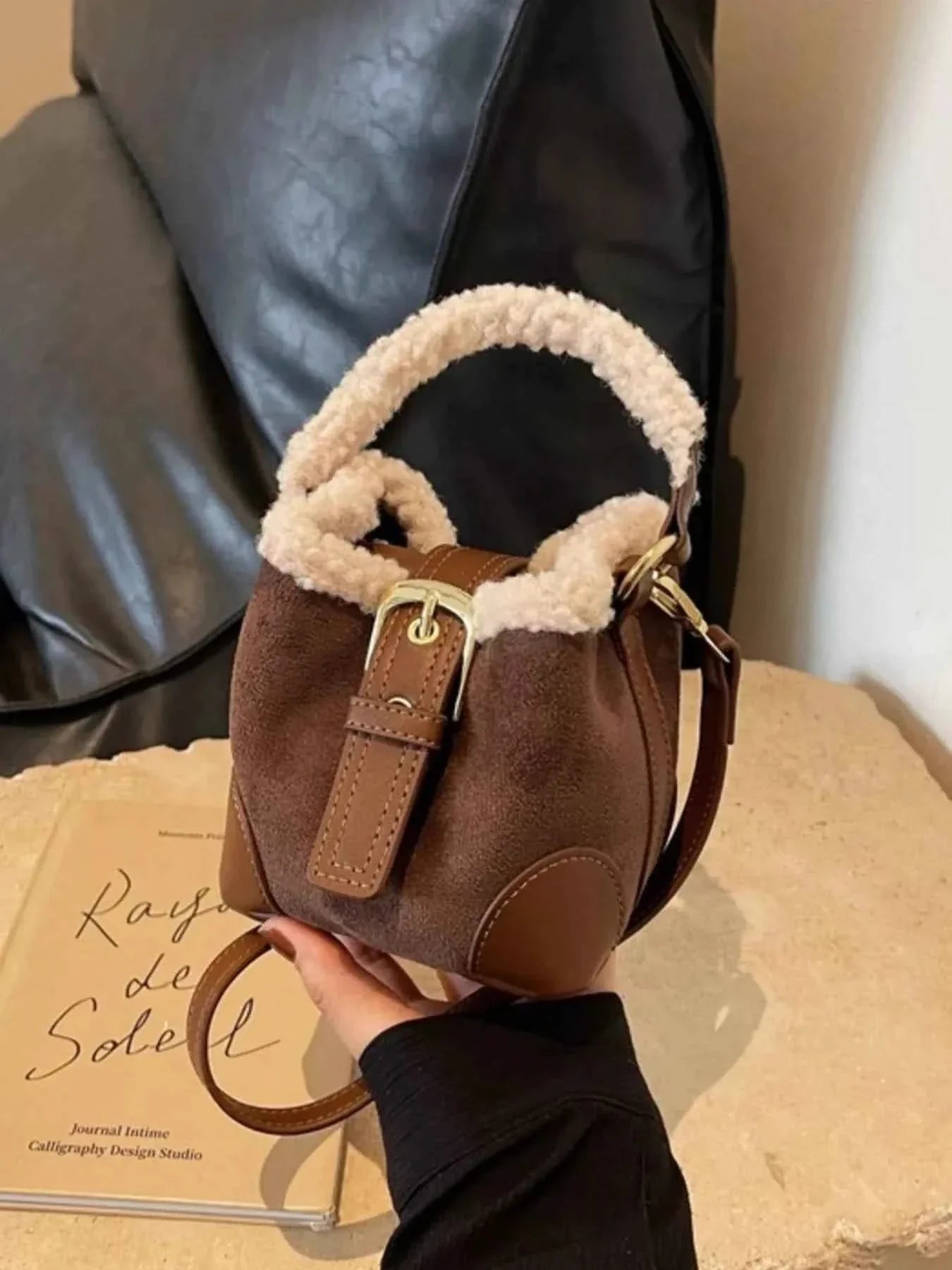 Fuzzy Trim Bucket : Crossbody Bag