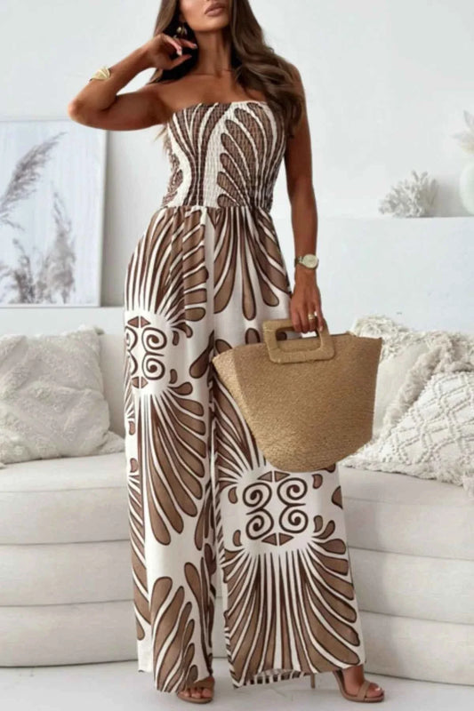 Printed Smocked : Tube Wide Leg Jumpsuit