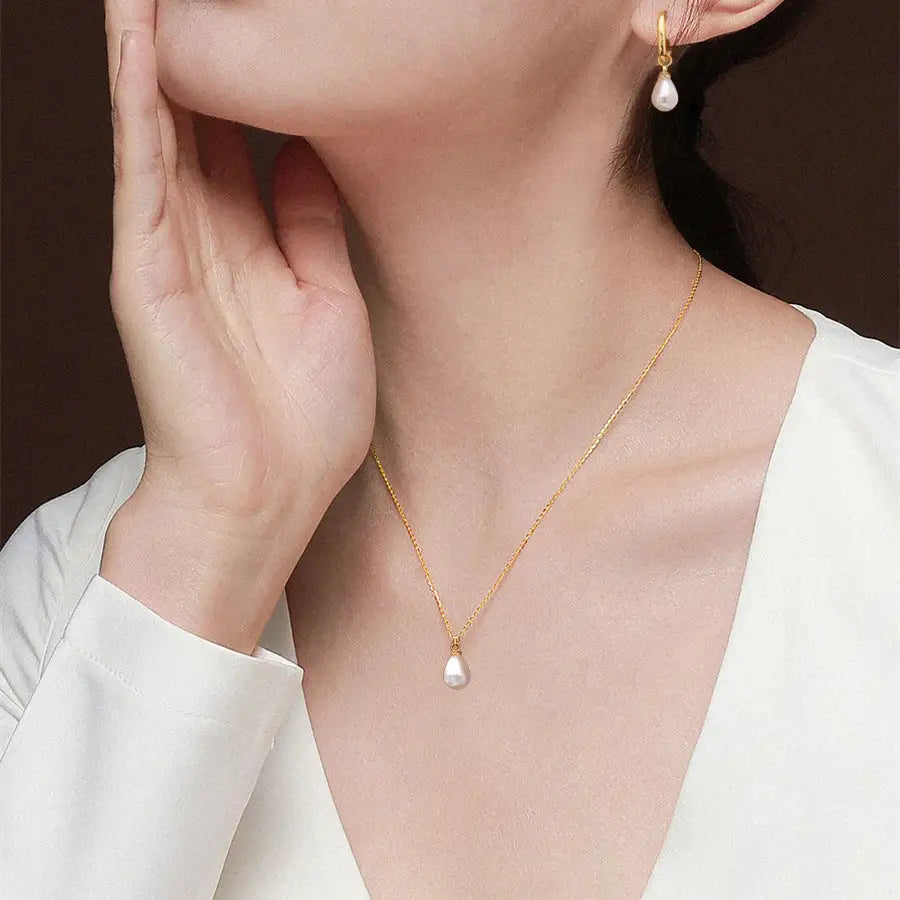 Small Water Drop Shape Pearl Pendant Necklace And Earrings Suite Women