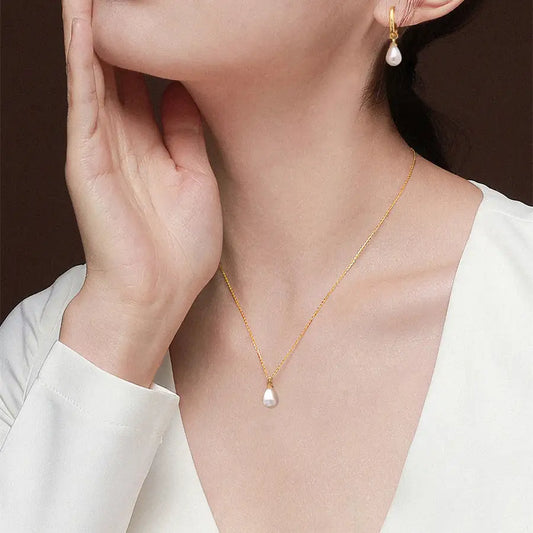 Small Water Drop Shape Pearl Pendant Necklace And Earrings Suite Women