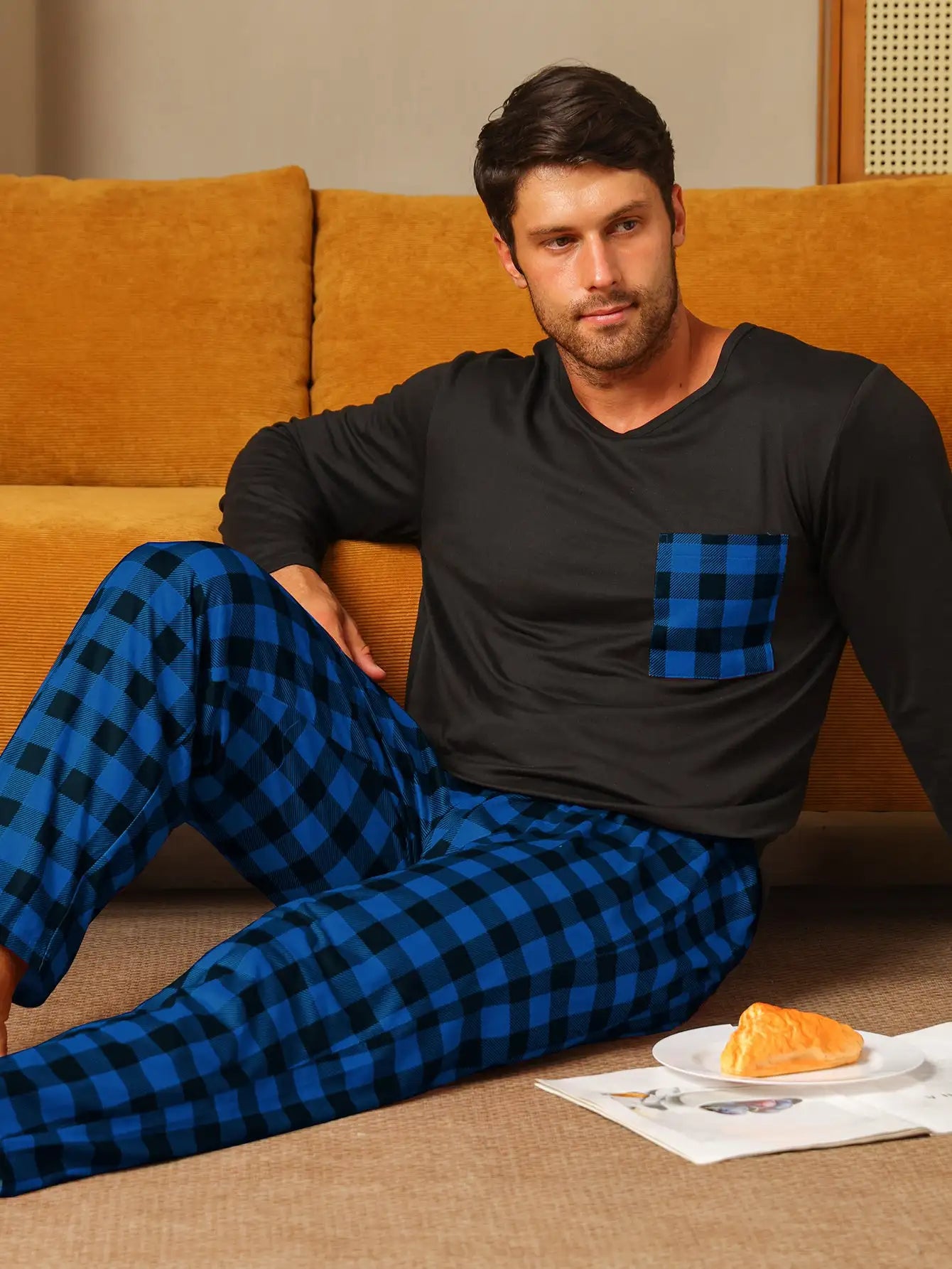 Ice Silk Long Sleeve Long Pants Men's Pajama Set