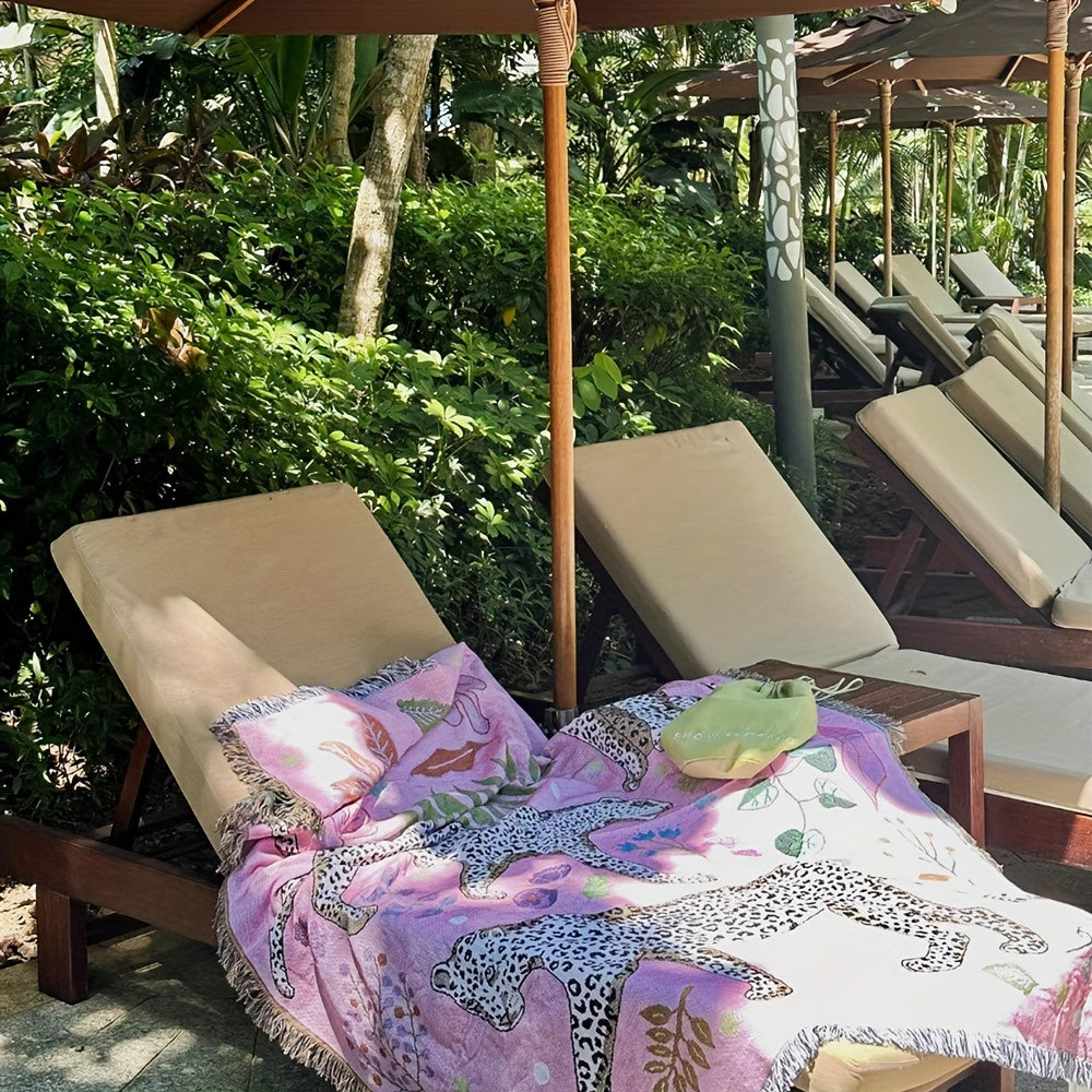 Bohemian Knitted Leopard Tassel Blanket, Suitable For Camping, Casual Picnic, Multifunctional Throw Blanket