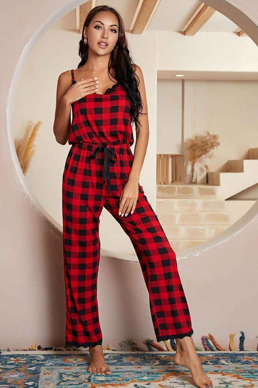 Plaid Lace Trim : Spaghetti Strap Jumpsuit