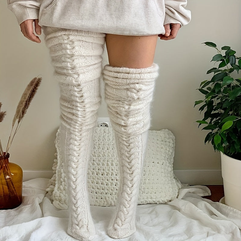 A Pair Of Thigh-high, Warm And Soft Socks For Autumn And Winter, With Thick Knitted Fabric Above The Knees, Perfect For Keeping Your Legs Warm During School, Travel, And Outdoor Activities.