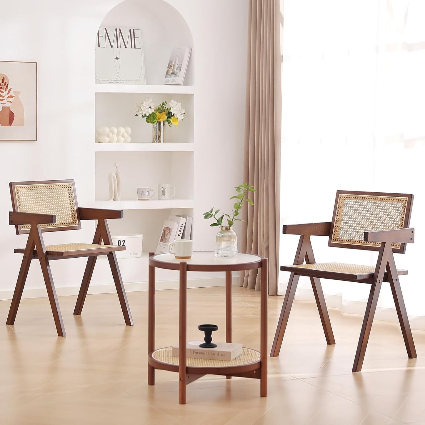 Rattan Dining Chairs Set of 2, Mid Century Modern Armchairs, Wooden Kitchen Chairs for Dining Room, Living Room, Walnut