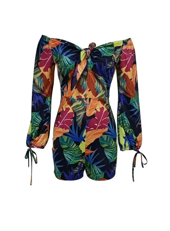 Ladies' Long Sleeved Vacation Elegant And Fashionable Plant Printed Cuffs With Drawstring Design, Chest Strap, Jumpsuit