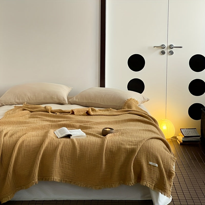 1pc Cotton Crinkle Tassel Blanket Solid Color Nap Blanket Leisure Travel Sofa Bed Blanket