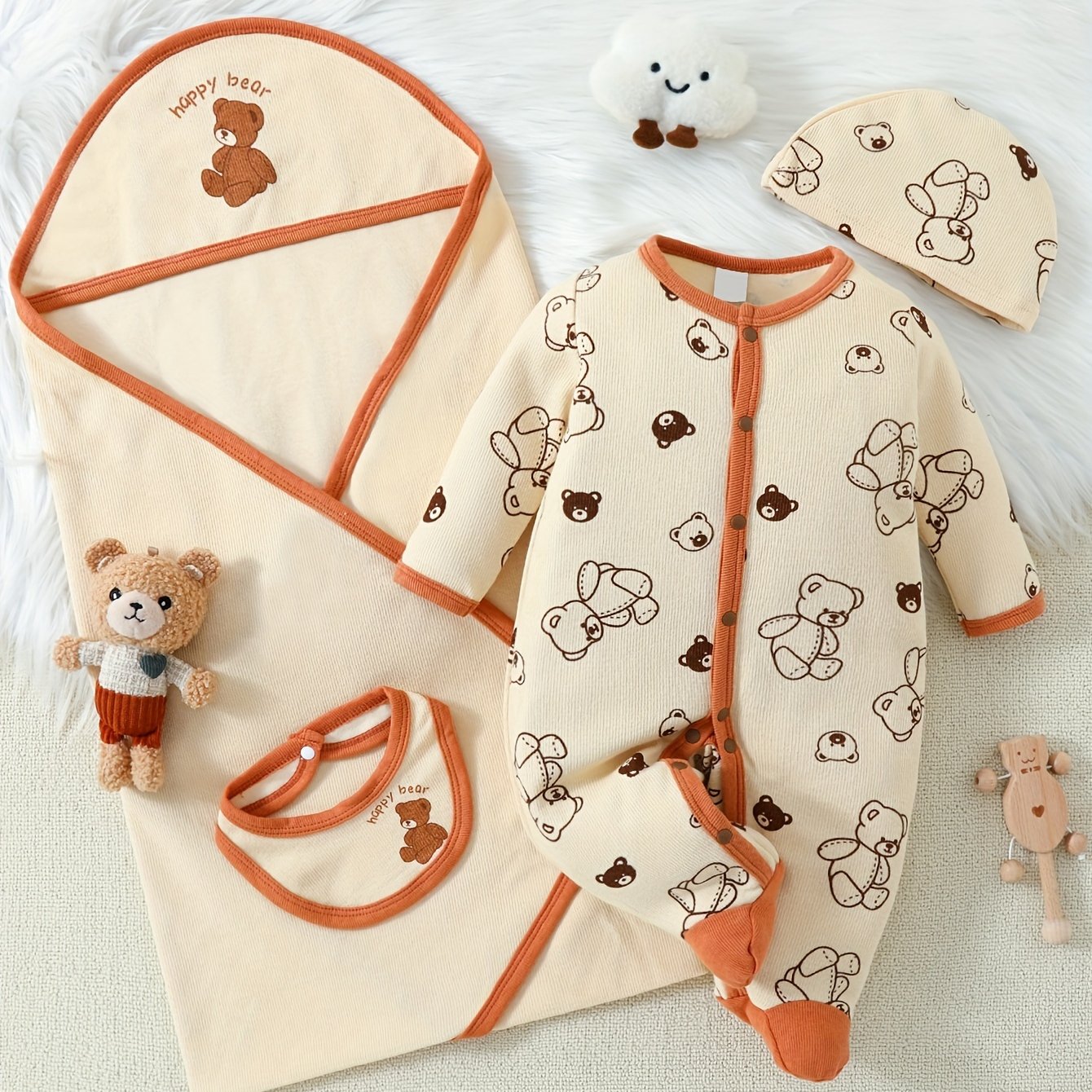 Baby Girl Romper Cute Bear Print Outfits, One-piece Romper + Hat + Baby Bib + Baby Blanket Four-piece Indoor And Outdoor Set
