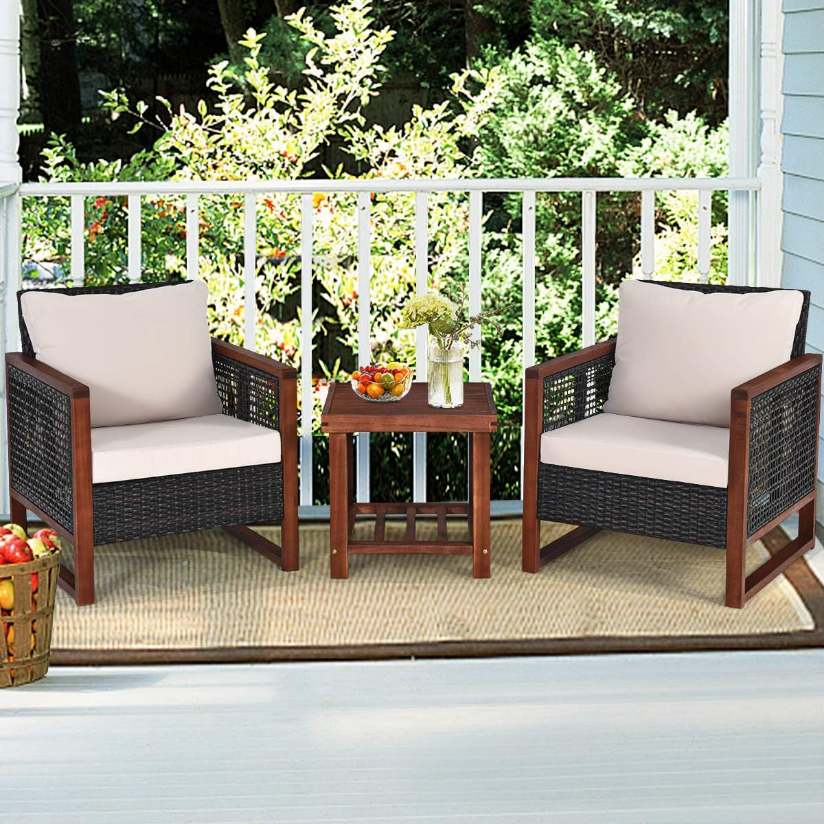 3 Pieces Outdoor Patio Furniture Set Wicker Chairs with Coffee Table, Balcony Porch Furniture Bistro Set with Wood Frame and Washable Cushions for Garden Poolside Backyard