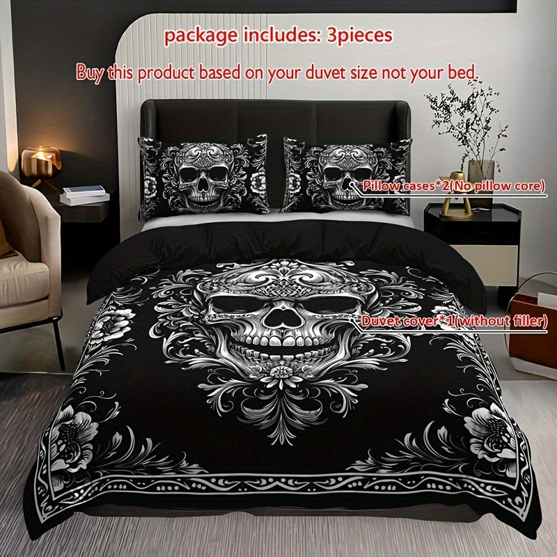 Gothic Nocturne Skull Duvet Cover Set: 3pcs All-Season Breathable Masterpiece for Dark Decor Enthusiasts - Premium duvet from Lizard Vigilante - Just $42.99! Shop now at Lizard Vigilante