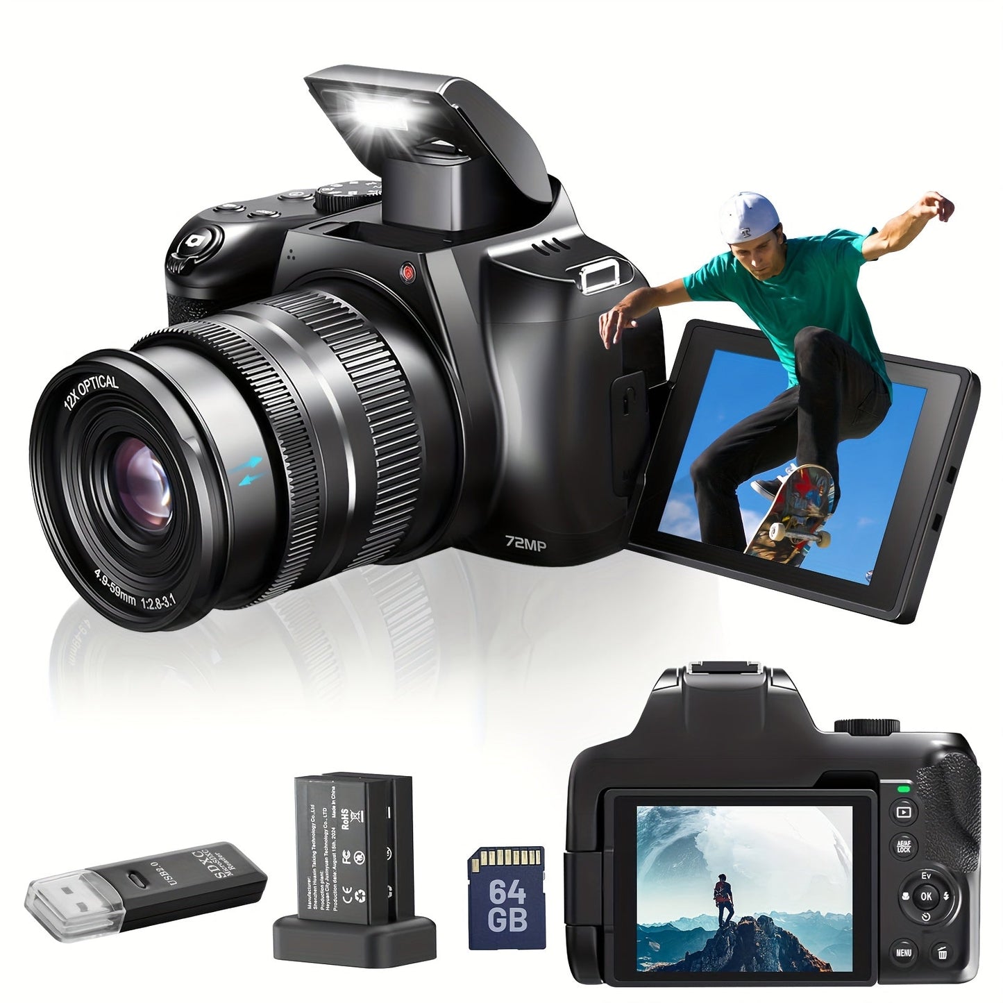 Cameras for Photography, 12X Optical Zoom 4K Digital Camera, 72MP Vlogging Camera with 270° Flip Screen, Battery, Battery Charger, 64GB SD Card, Card Reader