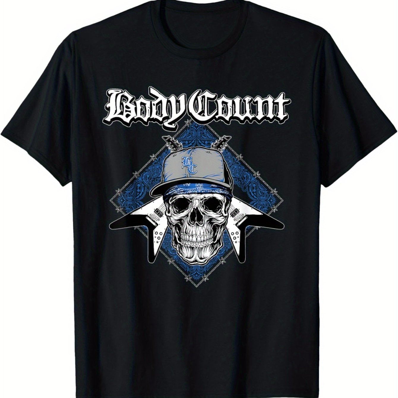 Cool Skull And Electric Guitar Pattern And BODY COUNT Letter Print Crew Neck T-shirt For Men, Pure Cotton Top For Summer Street Wear - Premium  from Lizard Vigilante - Just $24.99! Shop now at Lizard Vigilante