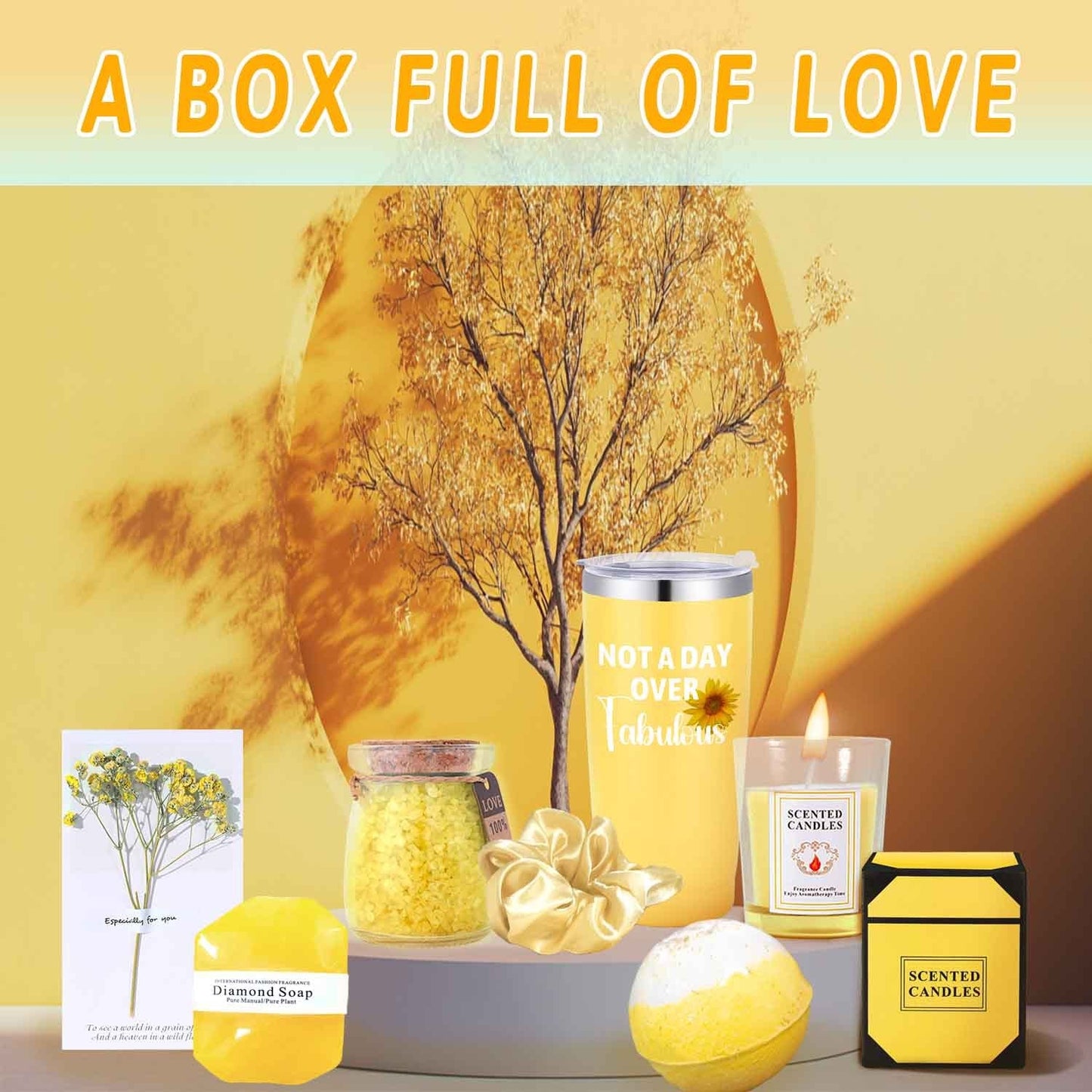 8pcs "Not A Day Over Fabulous" Yellow Spa & Bath Gift Set - Includes Insulated Travel Mug with Lid, Scented Candle, Bath Bomb, Diamond Soap, Love Note Card & Elegant Gift Box - Ideal for Women, Men, Friends on Christmas, Than