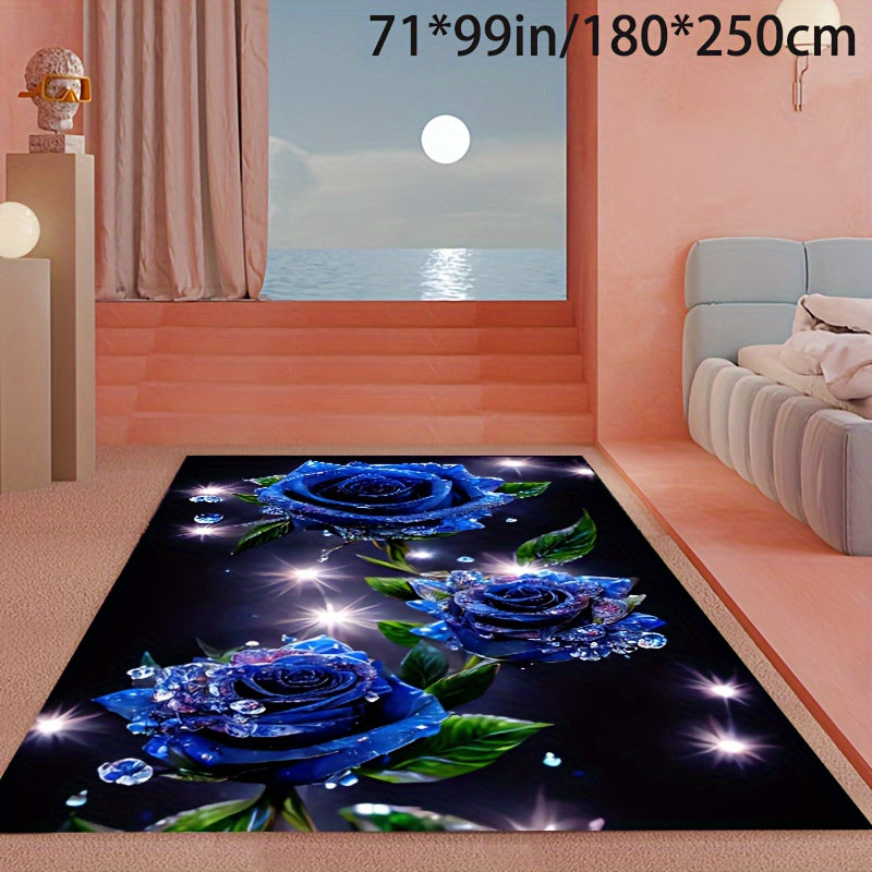 Crystal Velvet Romantic Valentine's Day Blue Fairy Rose Earth Blanket Area Rug Hotel Living Room Bedroom Soft Carpet Machine Washable Non-slip Backing Office Entryway Indoor Decorative Carpet Floor Mat For Hotel/Restaurant/Of