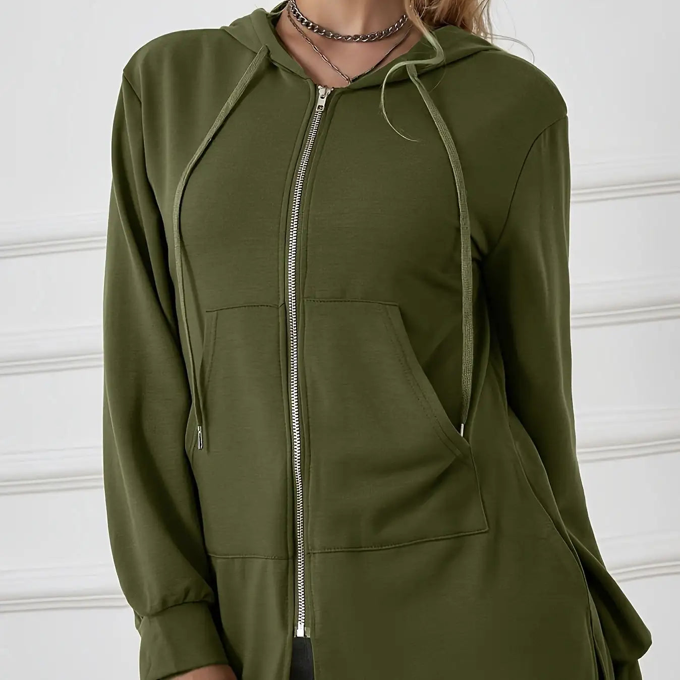 Women's Military Green Casual Sports Hooded Sweatshirt With Drawstring Zipper Jacket, Lightweight Top