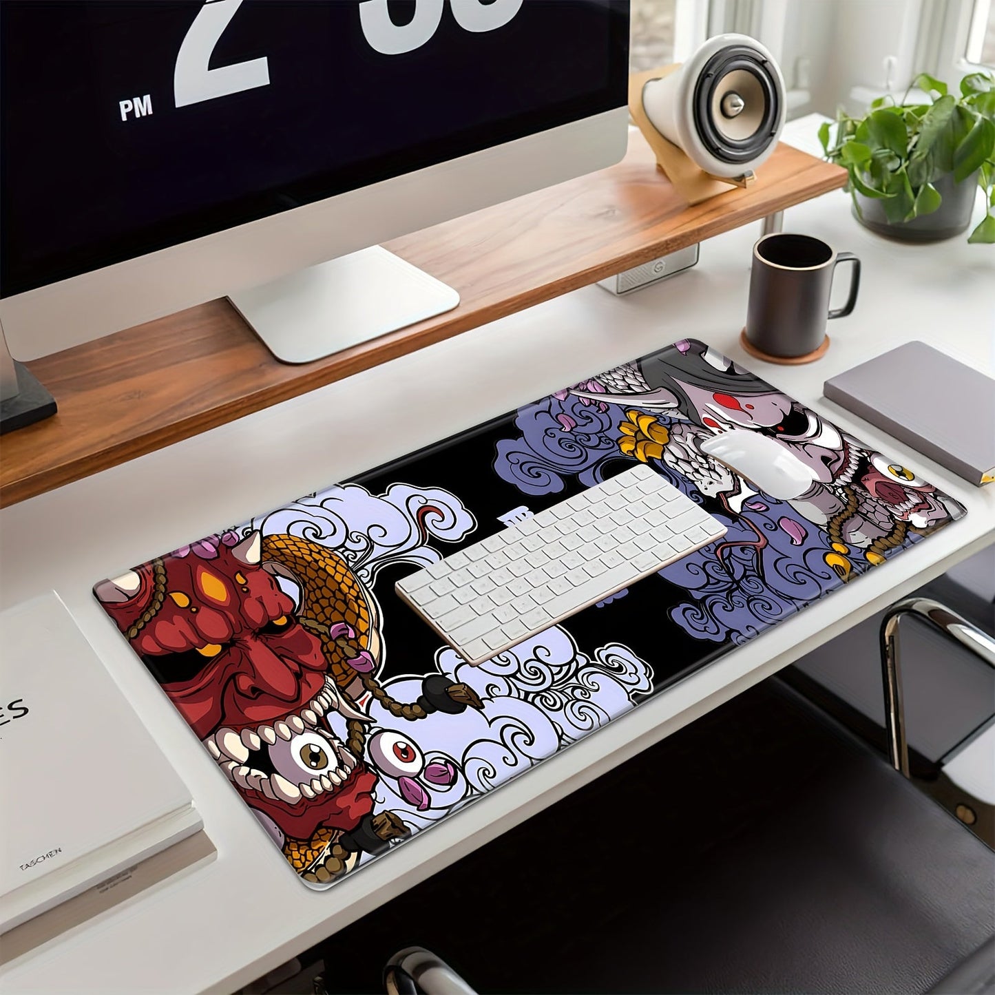 XXL Gaming Mouse Pad, Non-Slip Rubber Base Desk Mat, Washable Office Keyboard Pad with Japanese Oni Design, Mouse Pads for Desk
