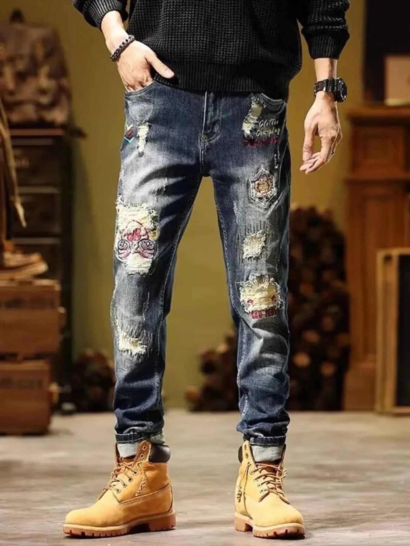 Men's Full Size Distressed Wash Slim Fit Jeans Plus Size