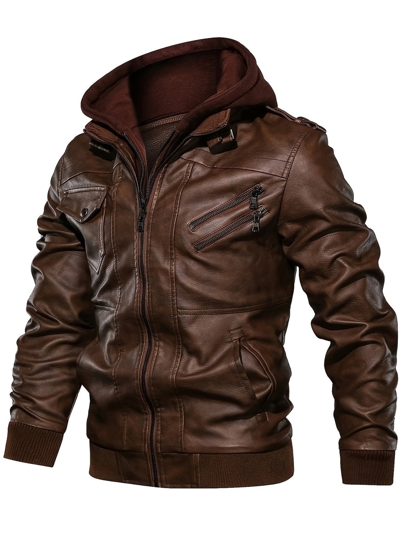 Men's PU Leather Hooded Jacket – Casual Zippered Long Sleeve with Pockets, Solid Color, Regular Fit - Premium jacket from Lizard Vigilante - Just $69.88! Shop now at Lizard Vigilante