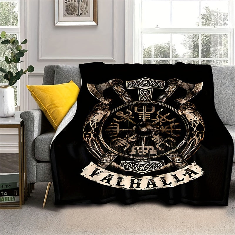 1pc Flanged Blanket, Retro Viking Logo Printing Blanket, Comfortable And Comfortable Blanket, For Camping Sofa Bed And Couch Office, Suitable For Gift Blankets In All Seasons
