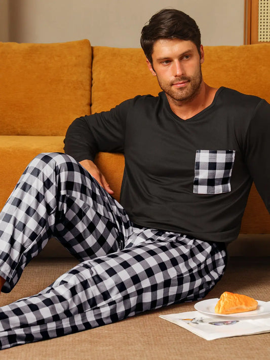 Polyester Long Sleeve Trousers Men's Pajama Set