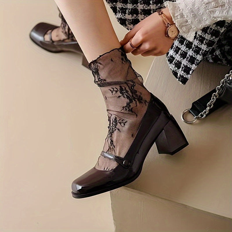 1 Pair Floral Lace Mesh Socks, Thin Sheer Retro Style Mid Tube Socks, Women's Stockings & Hosiery