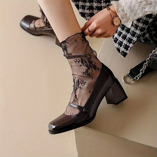 1 Pair Floral Lace Mesh Socks, Thin Sheer Retro Style Mid Tube Socks, Women's Stockings & Hosiery