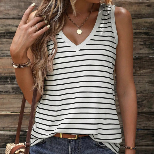 Ladies' Black And White Striped V-neck Sleeveless Tank Top