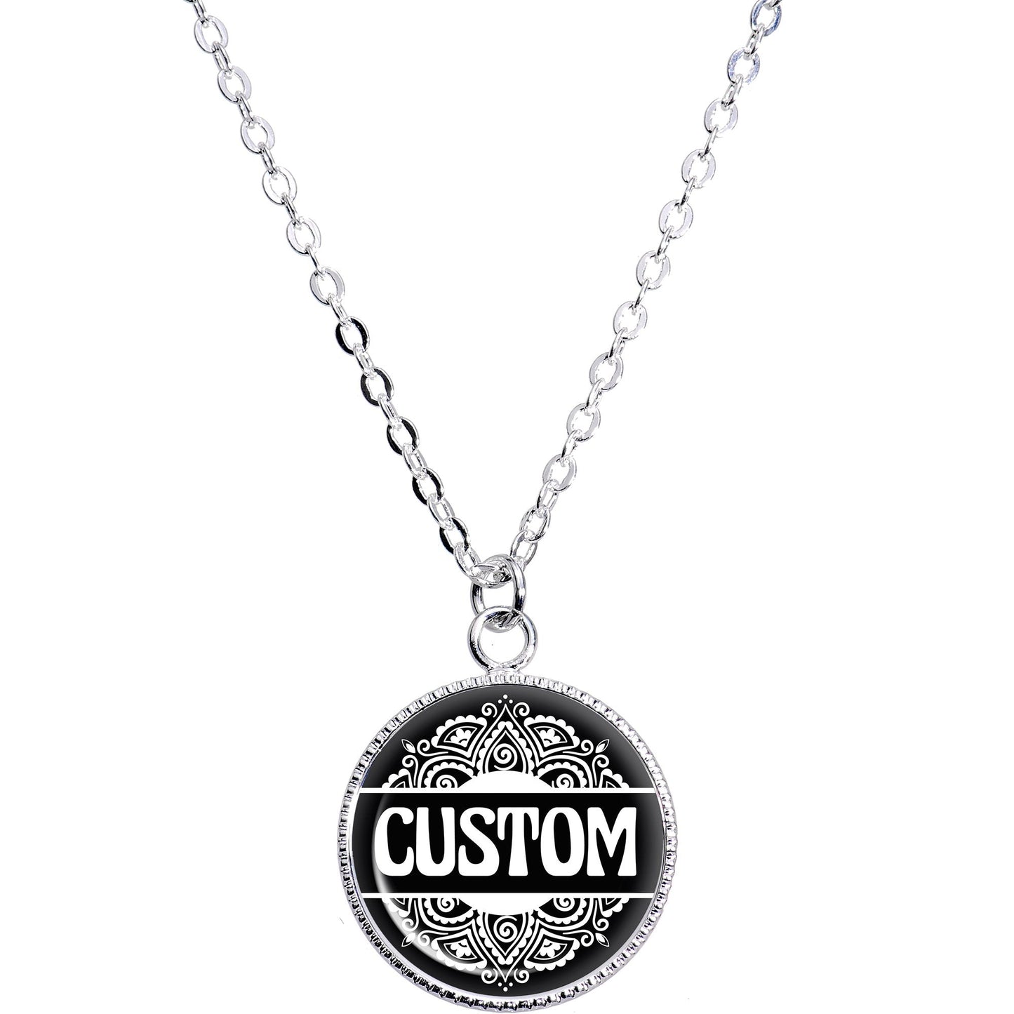 Custom Black Mandala Personalized Name Silver Plated Chain Necklace