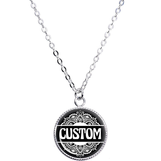Custom Black Mandala Personalized Name Silver Plated Chain Necklace