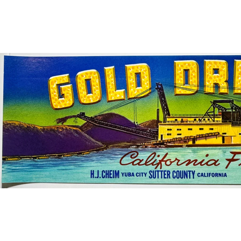 Discover Yuba City's Vintage 1950s Gold Dredger Crate Label
