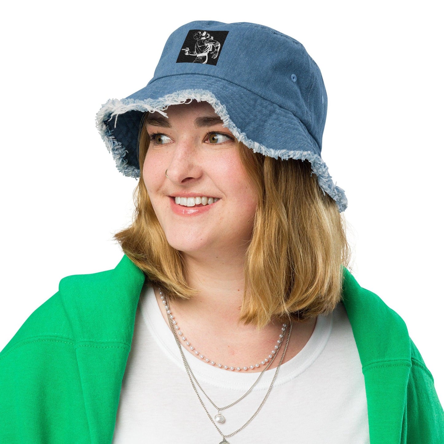 Laser Gun Distressed denim bucket hat - Lizard Vigilante