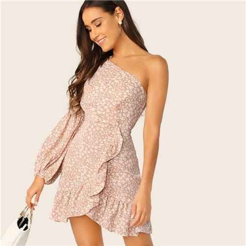 Floral One Shoulder Lantern Sleeve : Ruffle Dress