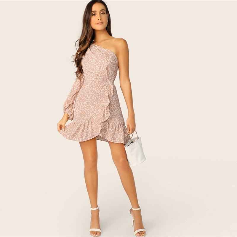 Floral One Shoulder Lantern Sleeve : Ruffle Dress
