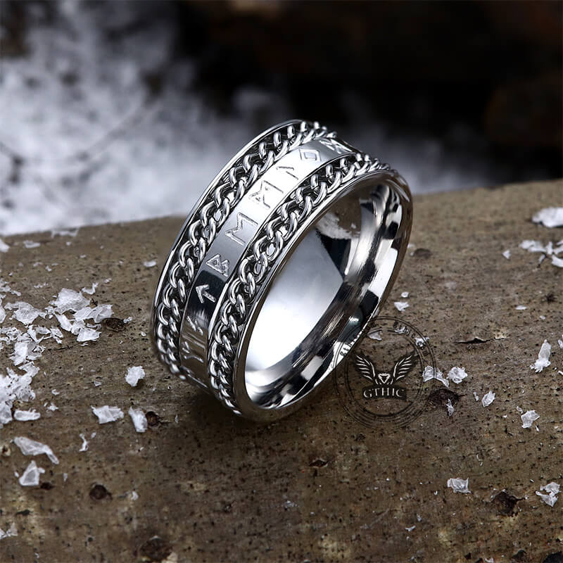 Double Chain Runes Stainless Steel Viking Ring