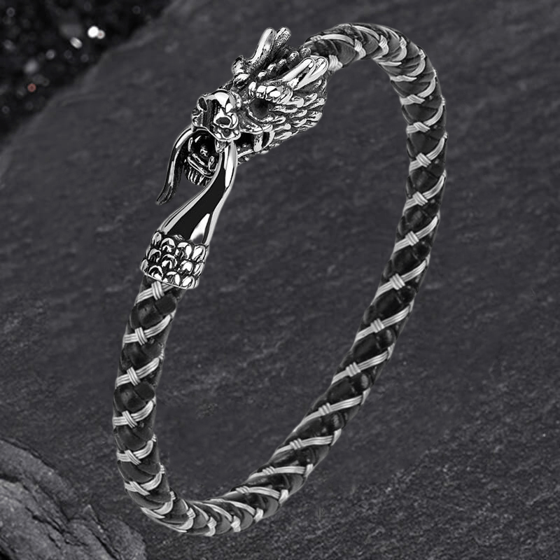 Dragon Clasp Stainless Steel Leather Bracelet