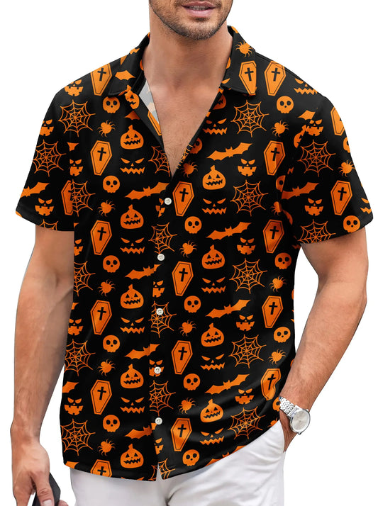 Mens Halloween Shirts Short Sleeve Casual Button Down Hawaiian Shirts Funny Halloween Bat Pumpkins Shirts for Men