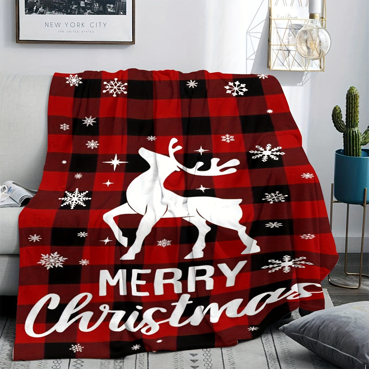 1pc Christmas Elk Blankets, Luxury Cozy Warm Flannel Fleece Throw Blanket, Black Bedspread For Couch Chair Bed Sofa Travel
